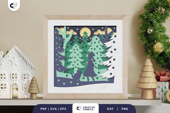 Christmas 3D SVG: Girl and Cat Forest Shadow Box